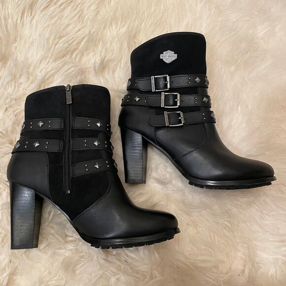 Harley-Davidson Studded Black Leather Boots 8.5 | NWOB, Triple Buckle, High Heel - Picture 9 of 12